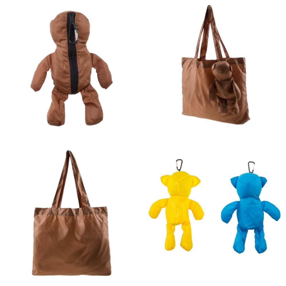 NWT Bear Keychain Folding Reusable Tote Shopping Bag Yellow